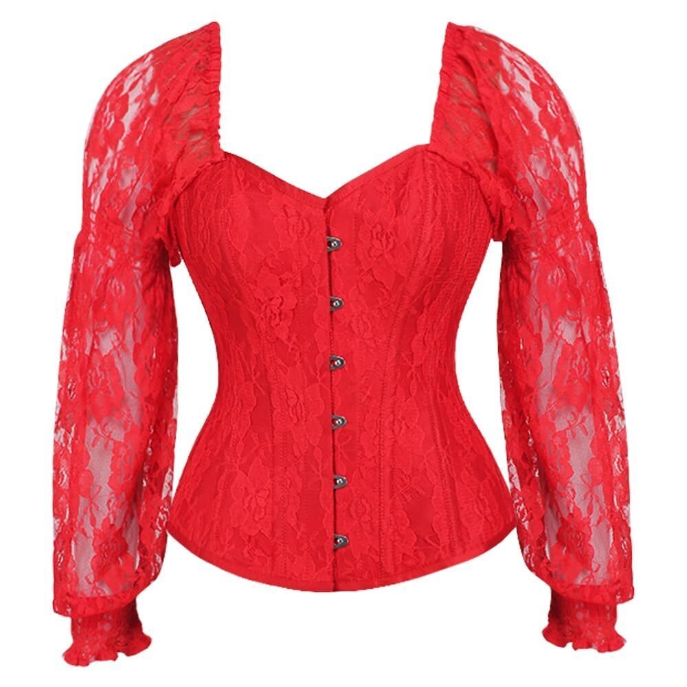 3528 Top Drawer Red w/Red Lace Steel Boned Long Sleeve Corset Small